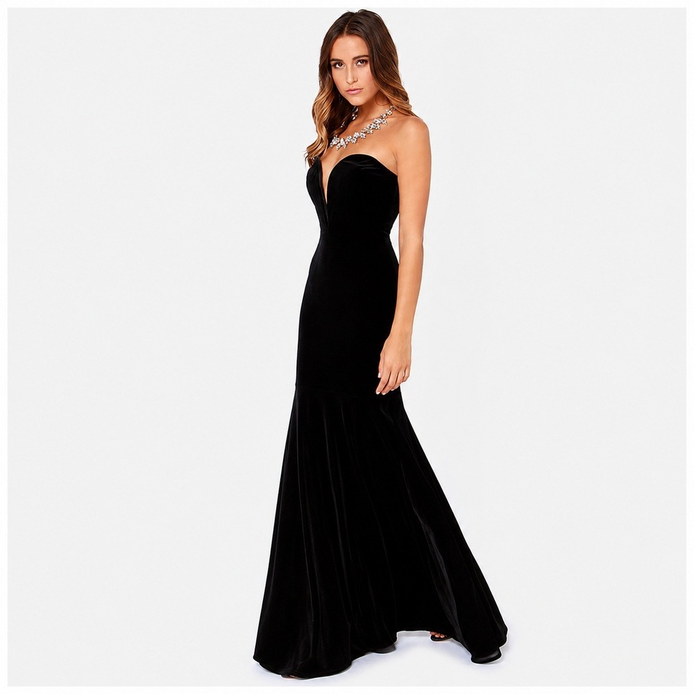 Black Velvet Strapless Mermaid Prom Formal Evening Gown Stretch XS Rubber Ducky
